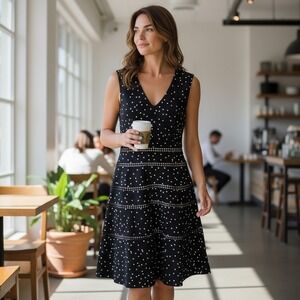 Taylor Dress Polka Dot Sleeveless Fit & Flare Silver Accents Party Black Size 6